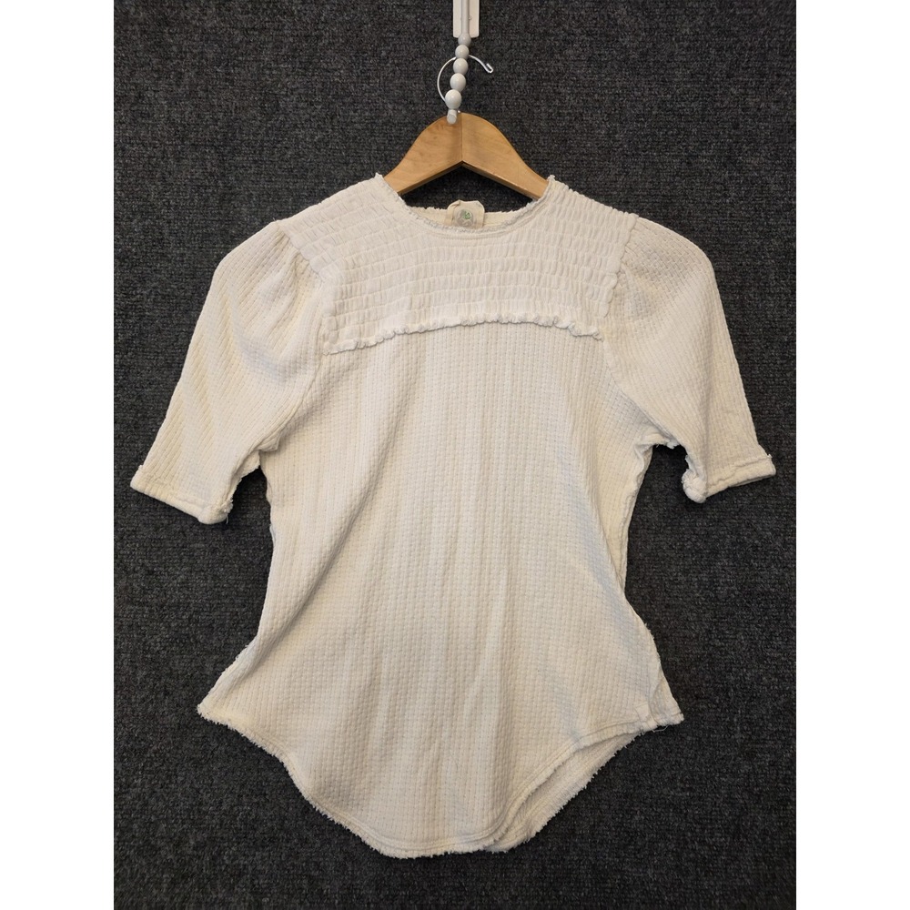 We The Free Shirt Womens S White Thermal Puff‎ Sleeve Ruffle Hem Stretch Top